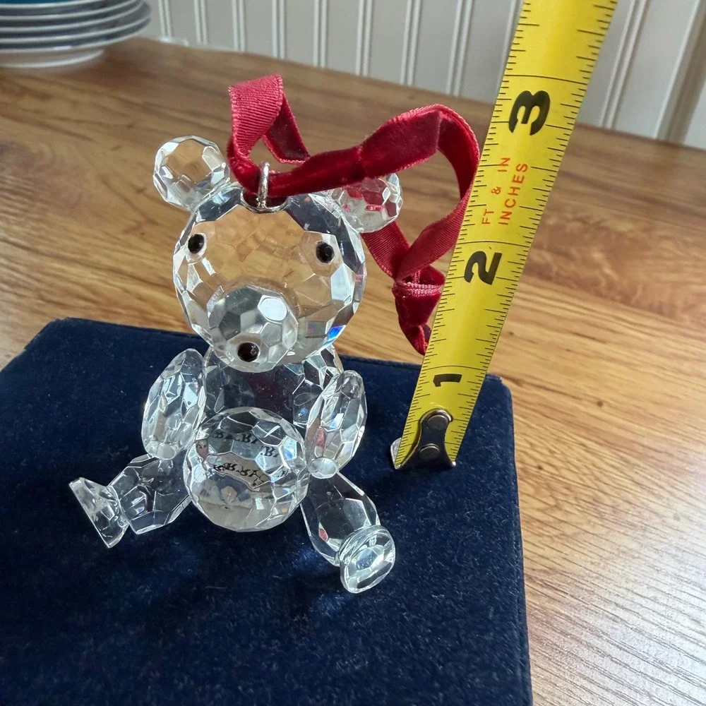 Faceted Lead Crystal Teddy Bear Ornament with Red Ribbon and Blue Velvet Box